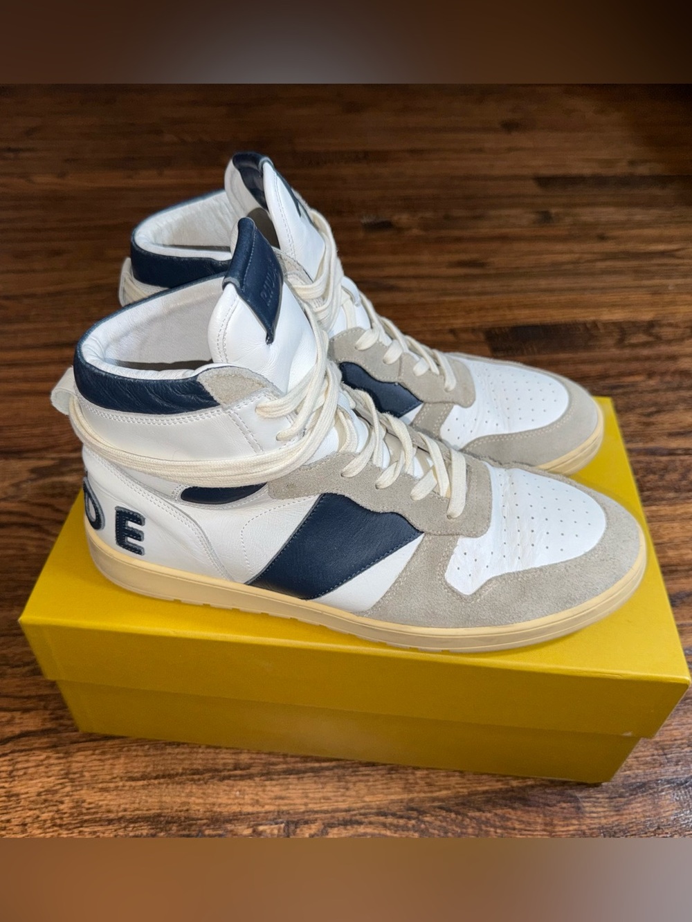Rhude Rhecess High V2 White Navy Cream Sneakers Size 11 Italian Leather